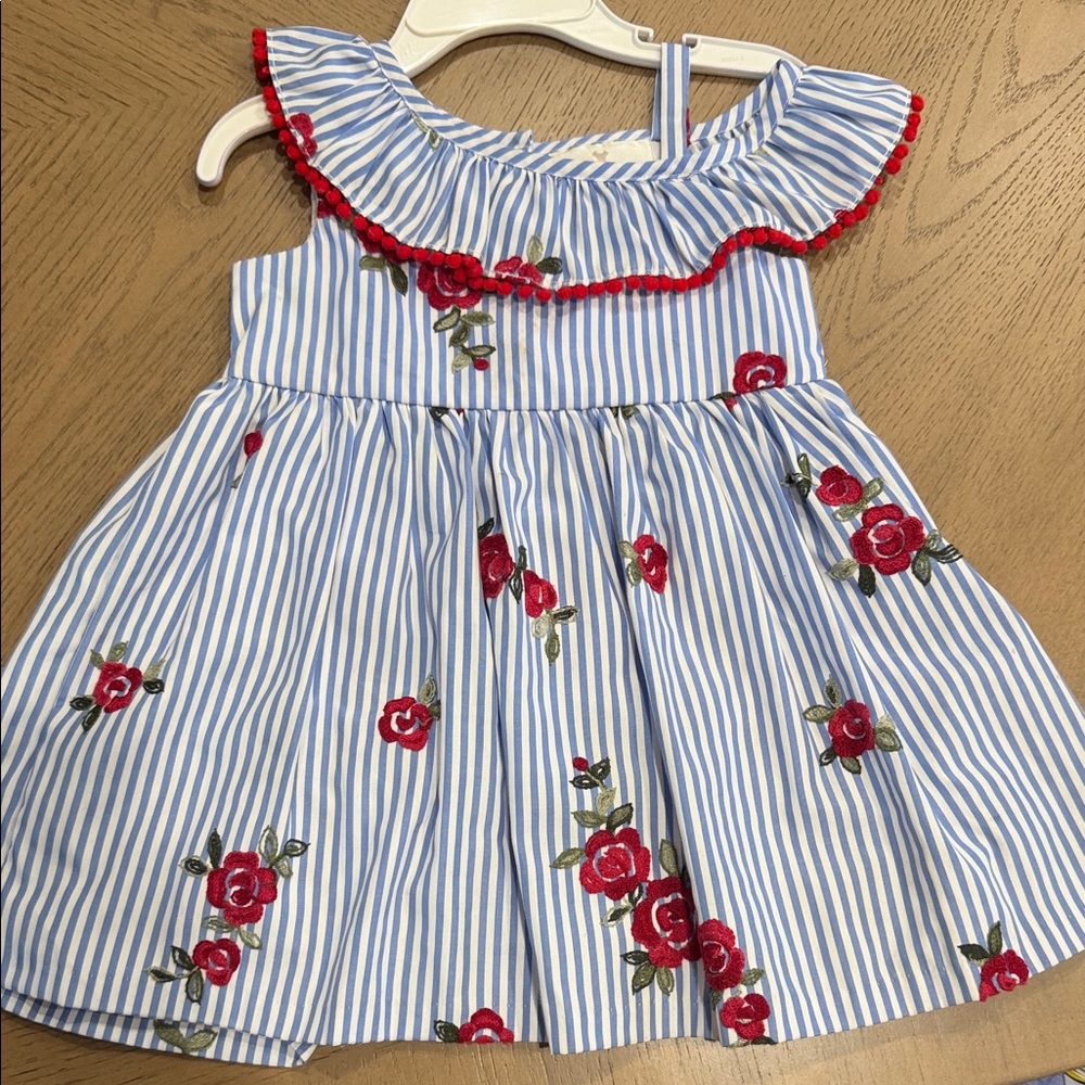 Rare Editions Blue Striped Dress with Red Floral Accents
